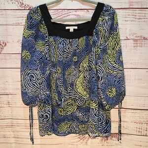 JM Collection Women's 14 Black Blue Yellow Floral Print Square Neck 3/4 Sleeve